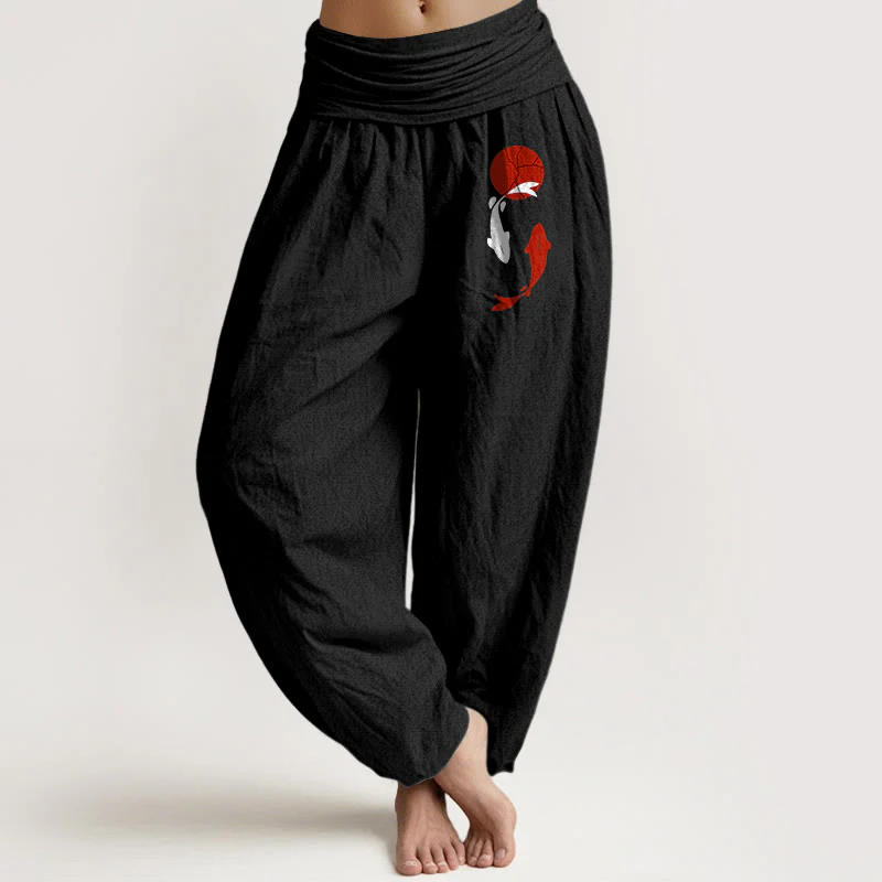 Buddha Stones Pantaloni harem da donna in puro cotone con elastico in vita e motivo sole rosso e pesce koi - Image 15