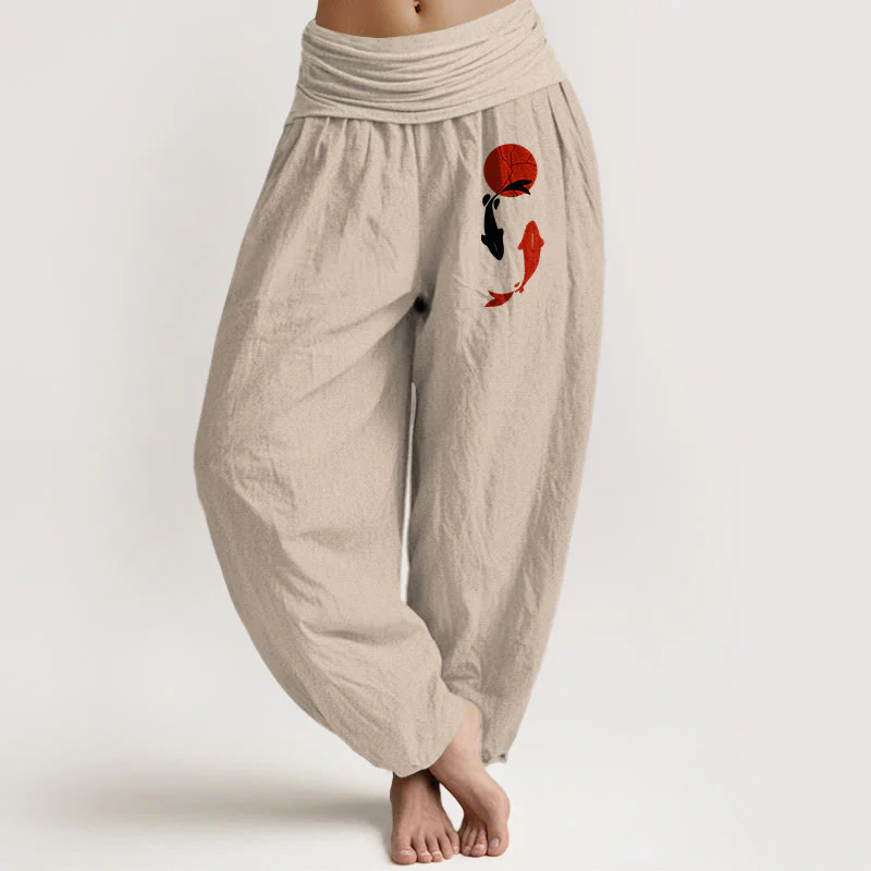 Buddha Stones Pantaloni harem da donna in puro cotone con elastico in vita e motivo sole rosso e pesce koi - Image 9