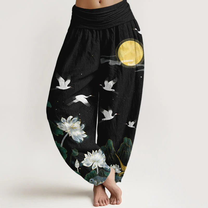 Buddha Stones Pantaloni harem da donna in puro cotone con elastico in vita, motivo: gru, loto in fiore, luna e montagna