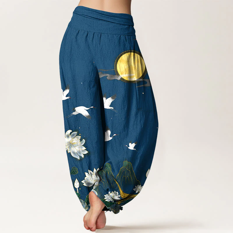 Buddha Stones Pantaloni harem da donna in puro cotone con elastico in vita, motivo: gru, loto in fiore, luna e montagna - Image 10