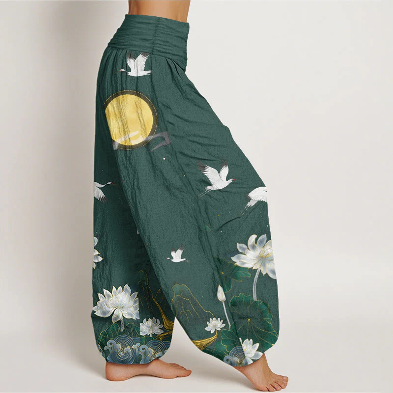 Buddha Stones Pantaloni harem da donna in puro cotone con elastico in vita, motivo: gru, loto in fiore, luna e montagna - Image 8