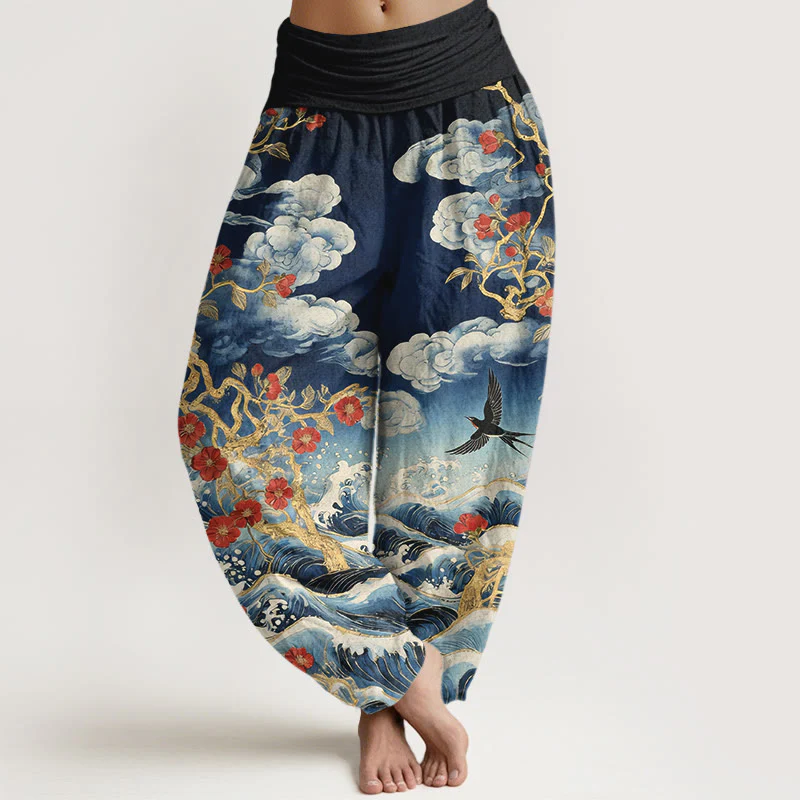 Buddha Stones Pantaloni harem da donna in puro cotone con elastico in vita, nuvole di buon auspicio, fiori rossi, rondini e onde dell'oceano