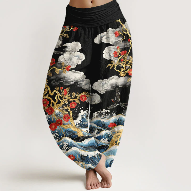 Buddha Stones Pantaloni harem da donna in puro cotone con elastico in vita, nuvole di buon auspicio, fiori rossi, rondini e onde dell'oceano - Image 6