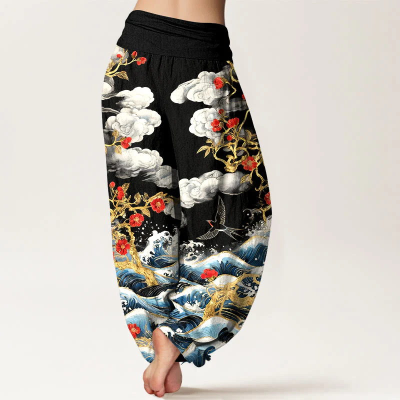 Buddha Stones Pantaloni harem da donna in puro cotone con elastico in vita, nuvole di buon auspicio, fiori rossi, rondini e onde dell'oceano - Image 7
