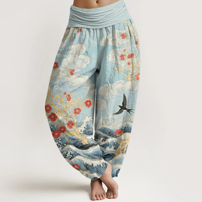 Buddha Stones Pantaloni harem da donna in puro cotone con elastico in vita, nuvole di buon auspicio, fiori rossi, rondini e onde dell'oceano - Image 9
