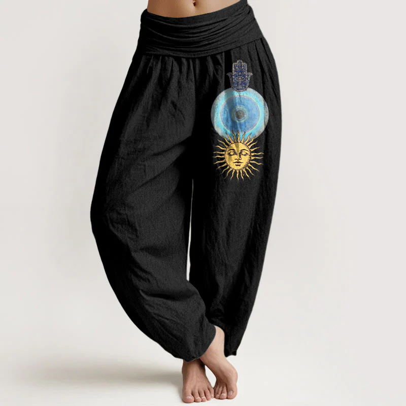 Buddha Stones Pantaloni harem da donna in puro cotone con elastico in vita, stile minimalista, motivo mano di Hamsa e sole
