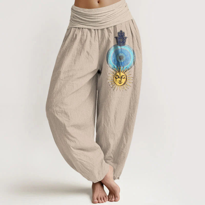 Buddha Stones Pantaloni harem da donna in puro cotone con elastico in vita, stile minimalista, motivo mano di Hamsa e sole - Image 12