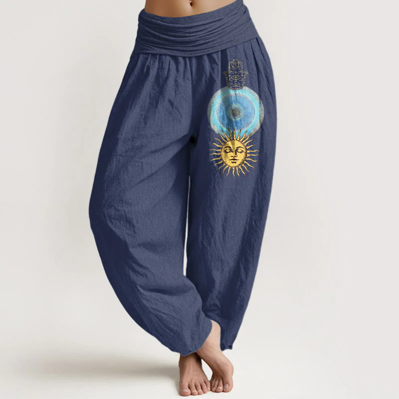 Buddha Stones Pantaloni harem da donna in puro cotone con elastico in vita, stile minimalista, motivo mano di Hamsa e sole - Image 6