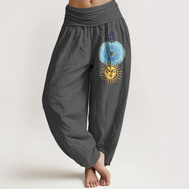 Buddha Stones Pantaloni harem da donna in puro cotone con elastico in vita, stile minimalista, motivo mano di Hamsa e sole - Image 9