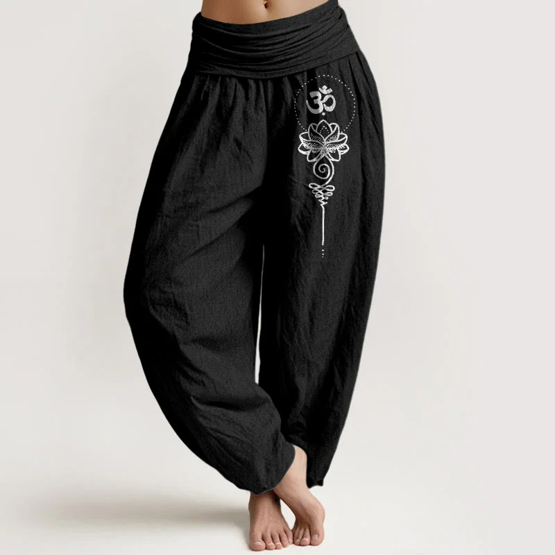 Buddha Stones Pantaloni harem da donna in puro cotone con elastico in vita, stile minimalista, simbolo Om e motivo a loto