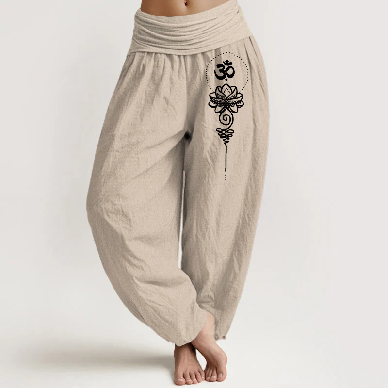 Buddha Stones Pantaloni harem da donna in puro cotone con elastico in vita, stile minimalista, simbolo Om e motivo a loto - Image 12