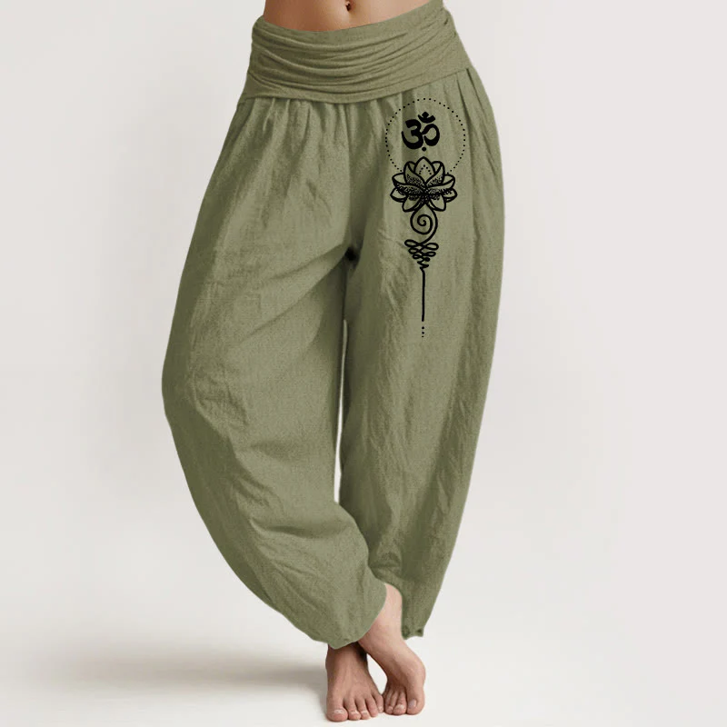 Buddha Stones Pantaloni harem da donna in puro cotone con elastico in vita, stile minimalista, simbolo Om e motivo a loto - Image 15