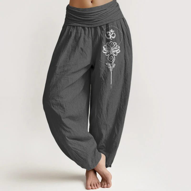 Buddha Stones Pantaloni harem da donna in puro cotone con elastico in vita, stile minimalista, simbolo Om e motivo a loto - Image 9