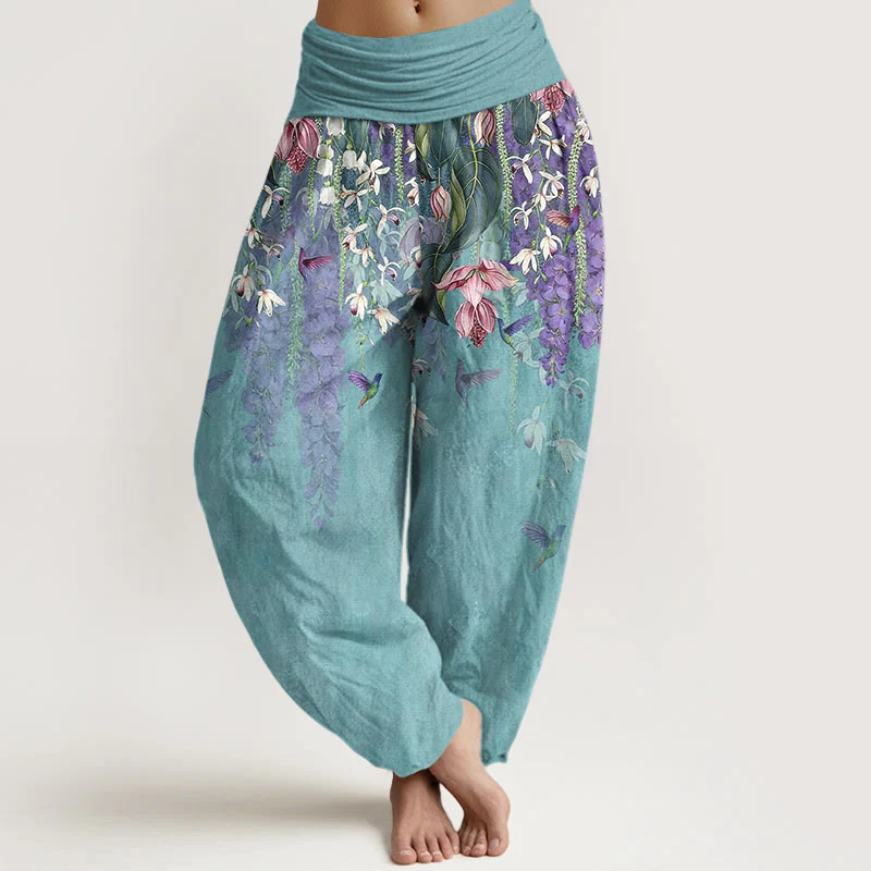 Buddha Stones Pantaloni harem da donna in puro cotone con motivo a uccelli e orchidee, con elastico in vita