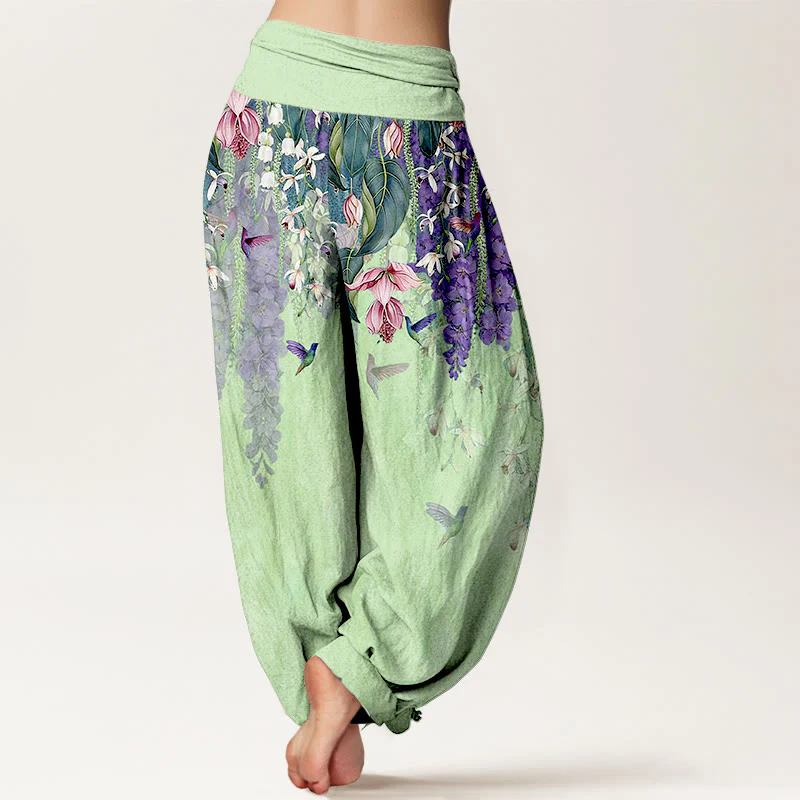 Buddha Stones Pantaloni harem da donna in puro cotone con motivo a uccelli e orchidee, con elastico in vita - Image 10