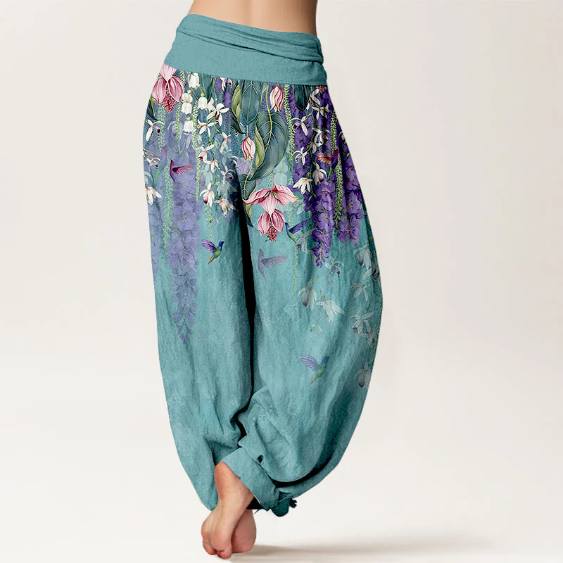 Buddha Stones Pantaloni harem da donna in puro cotone con motivo a uccelli e orchidee, con elastico in vita - Image 2