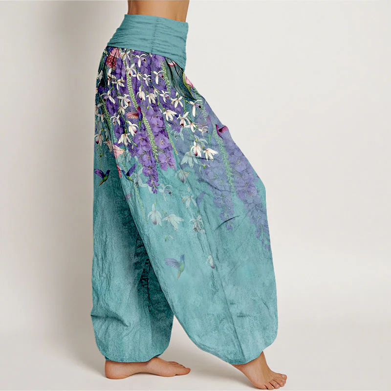 Buddha Stones Pantaloni harem da donna in puro cotone con motivo a uccelli e orchidee, con elastico in vita - Image 3