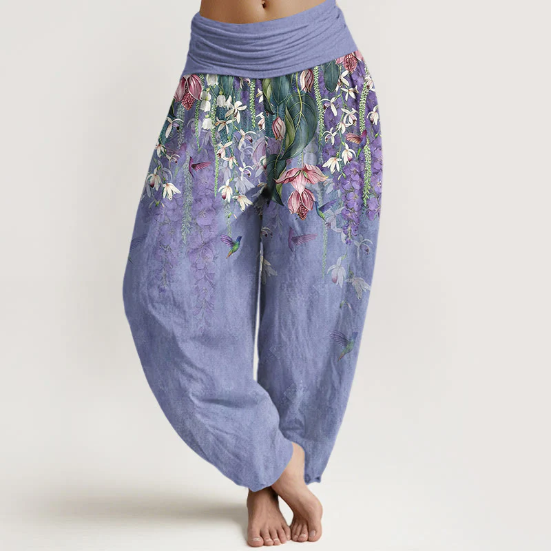 Buddha Stones Pantaloni harem da donna in puro cotone con motivo a uccelli e orchidee, con elastico in vita - Image 6