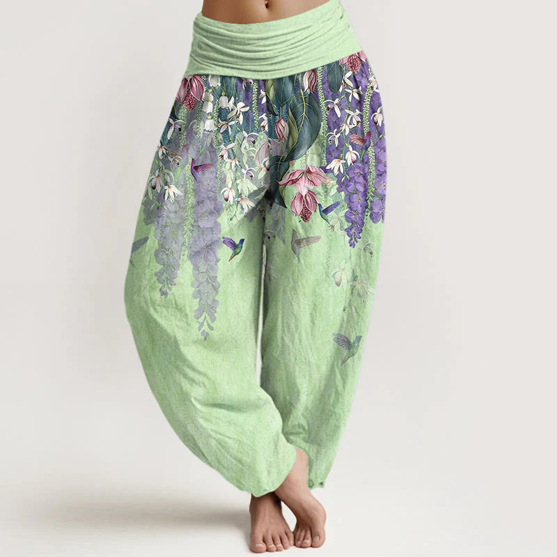 Buddha Stones Pantaloni harem da donna in puro cotone con motivo a uccelli e orchidee, con elastico in vita - Image 9