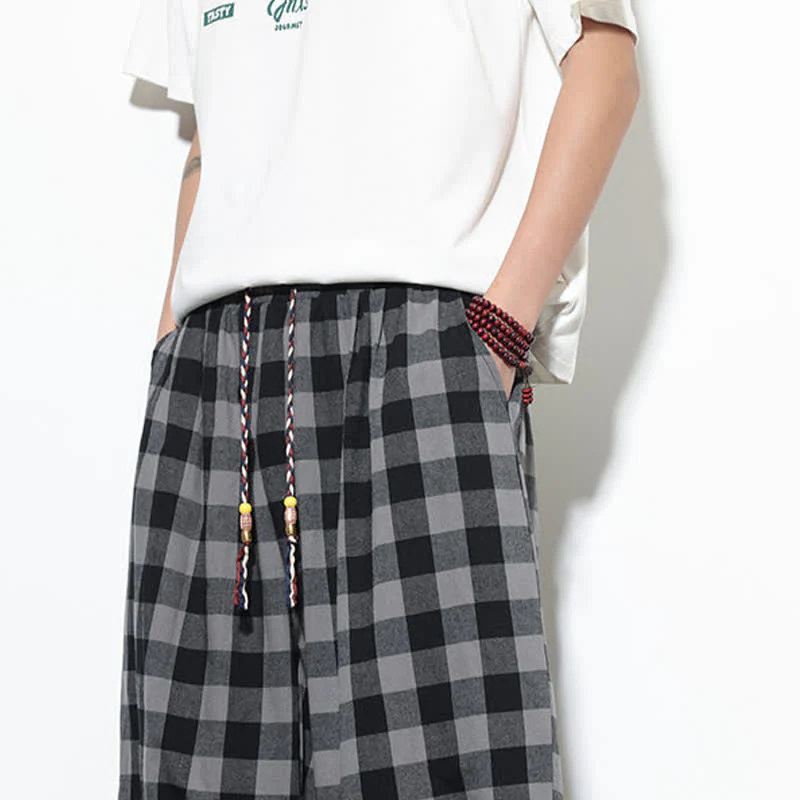 Buddha Stones Pantaloni harem da uomo estivi a vita alta con coulisse e motivo a quadri, con tasche. - Image 10