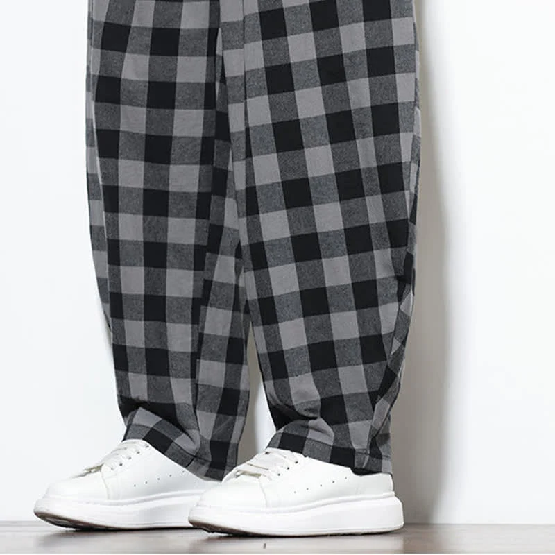 Buddha Stones Pantaloni harem da uomo estivi a vita alta con coulisse e motivo a quadri, con tasche. - Image 11