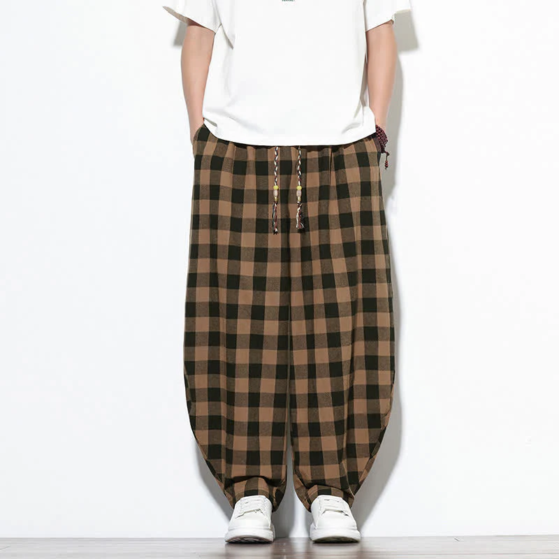 Buddha Stones Pantaloni harem da uomo estivi a vita alta con coulisse e motivo a quadri, con tasche. - Image 12