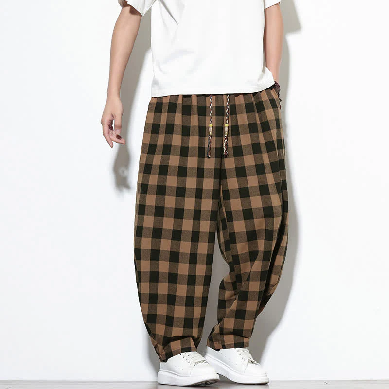 Buddha Stones Pantaloni harem da uomo estivi a vita alta con coulisse e motivo a quadri, con tasche. - Image 13