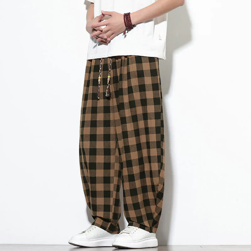 Buddha Stones Pantaloni harem da uomo estivi a vita alta con coulisse e motivo a quadri, con tasche. - Image 14