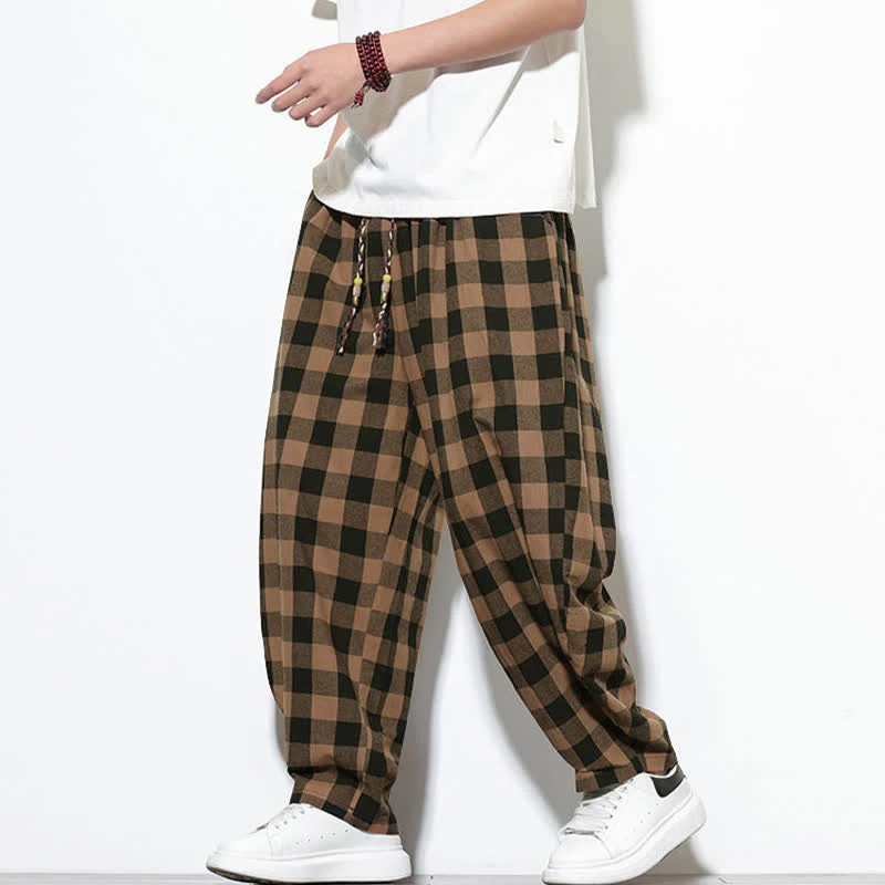 Buddha Stones Pantaloni harem da uomo estivi a vita alta con coulisse e motivo a quadri, con tasche. - Image 15