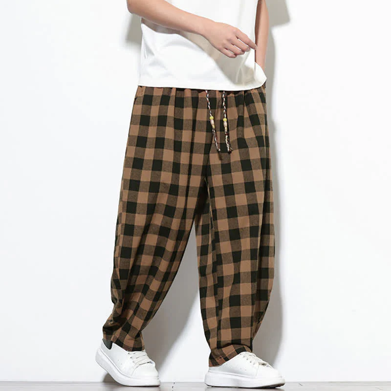 Buddha Stones Pantaloni harem da uomo estivi a vita alta con coulisse e motivo a quadri, con tasche. - Image 16