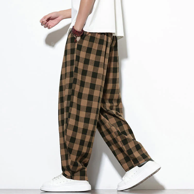 Buddha Stones Pantaloni harem da uomo estivi a vita alta con coulisse e motivo a quadri, con tasche. - Image 17