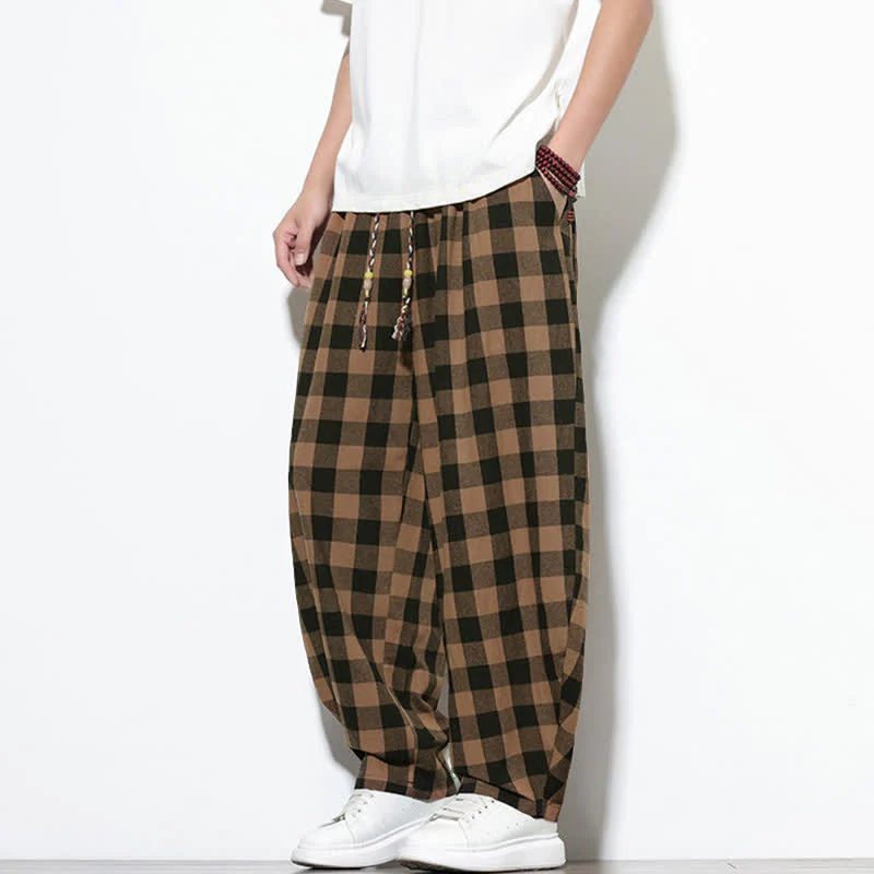 Buddha Stones Pantaloni harem da uomo estivi a vita alta con coulisse e motivo a quadri, con tasche. - Image 18