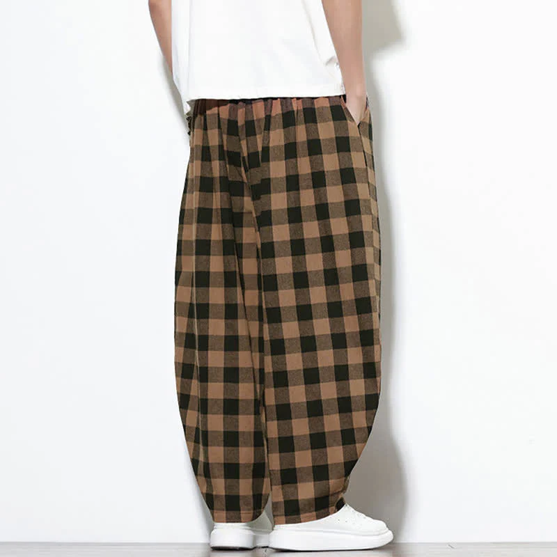 Buddha Stones Pantaloni harem da uomo estivi a vita alta con coulisse e motivo a quadri, con tasche. - Image 19