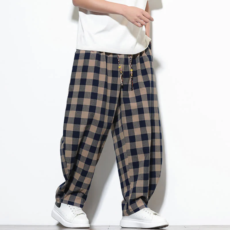 Buddha Stones Pantaloni harem da uomo estivi a vita alta con coulisse e motivo a quadri, con tasche. - Image 28