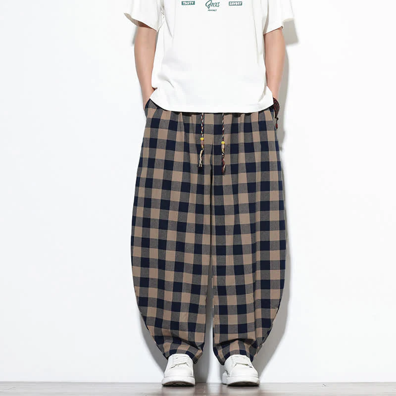 Buddha Stones Pantaloni harem da uomo estivi a vita alta con coulisse e motivo a quadri, con tasche. - Image 31