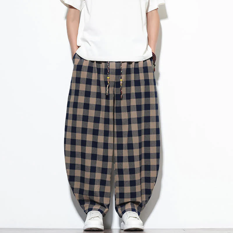 Buddha Stones Pantaloni harem da uomo estivi a vita alta con coulisse e motivo a quadri, con tasche. - Image 33