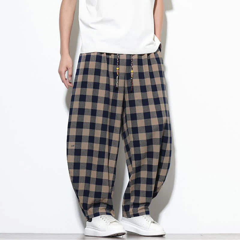 Buddha Stones Pantaloni harem da uomo estivi a vita alta con coulisse e motivo a quadri, con tasche. - Image 34
