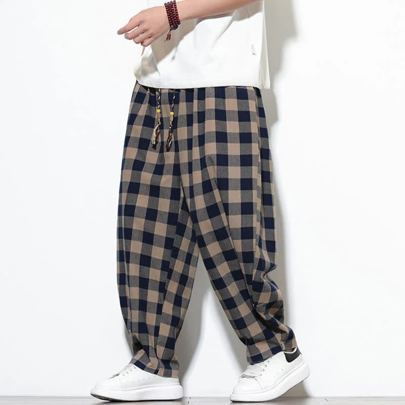 Buddha Stones Pantaloni harem da uomo estivi a vita alta con coulisse e motivo a quadri, con tasche. - Image 35