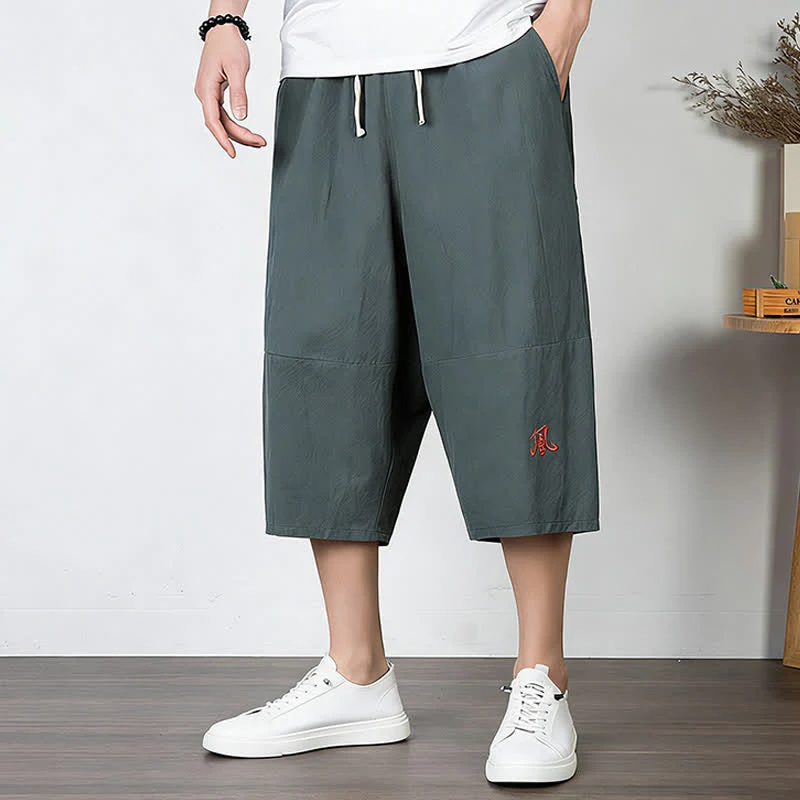Buddha Stones Pantaloni harem da uomo in cotone e lino, lunghezza capri, con coulisse e tasche.