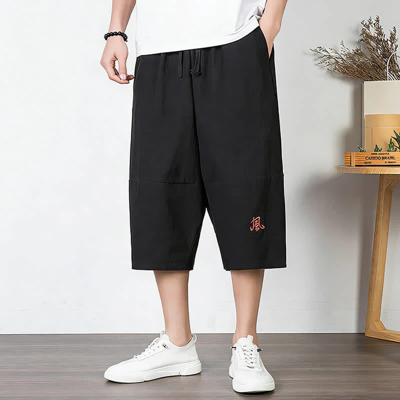 Buddha Stones Pantaloni harem da uomo in cotone e lino, lunghezza capri, con coulisse e tasche. - Image 10