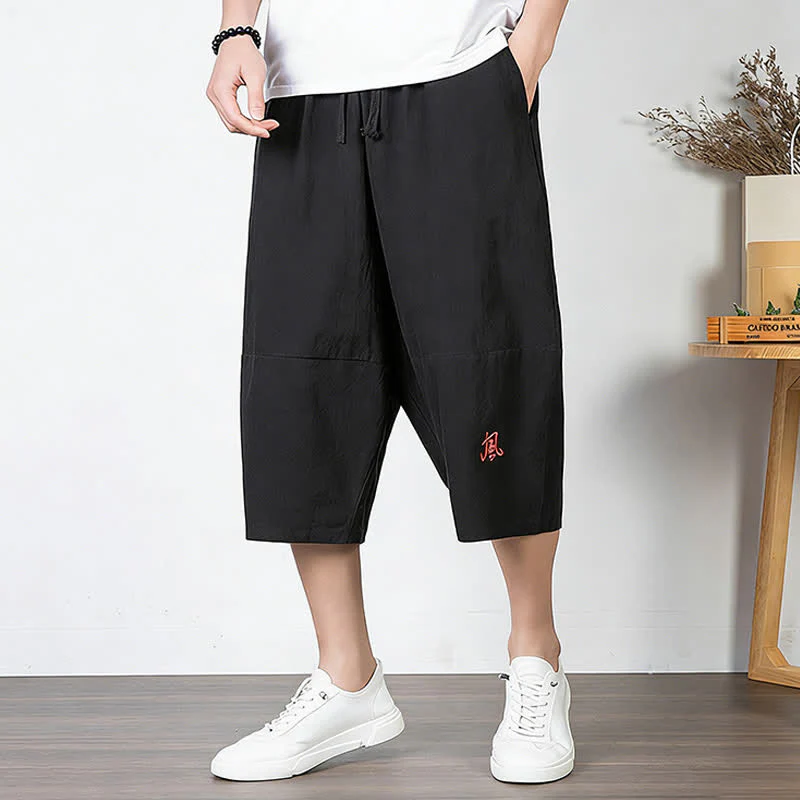 Buddha Stones Pantaloni harem da uomo in cotone e lino, lunghezza capri, con coulisse e tasche. - Image 11
