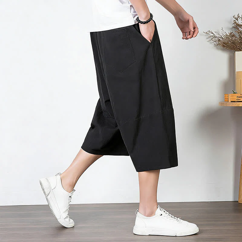 Buddha Stones Pantaloni harem da uomo in cotone e lino, lunghezza capri, con coulisse e tasche. - Image 12