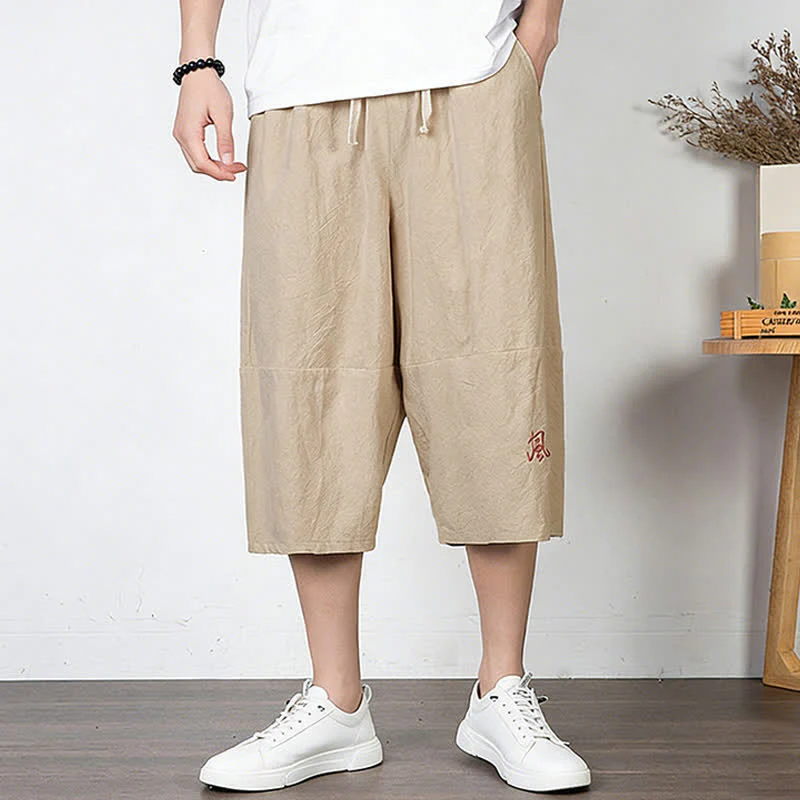 Buddha Stones Pantaloni harem da uomo in cotone e lino, lunghezza capri, con coulisse e tasche. - Image 13