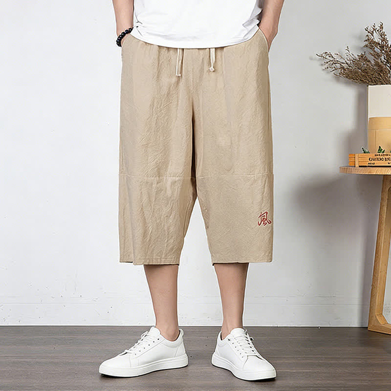 Buddha Stones Pantaloni harem da uomo in cotone e lino, lunghezza capri, con coulisse e tasche. - Image 14