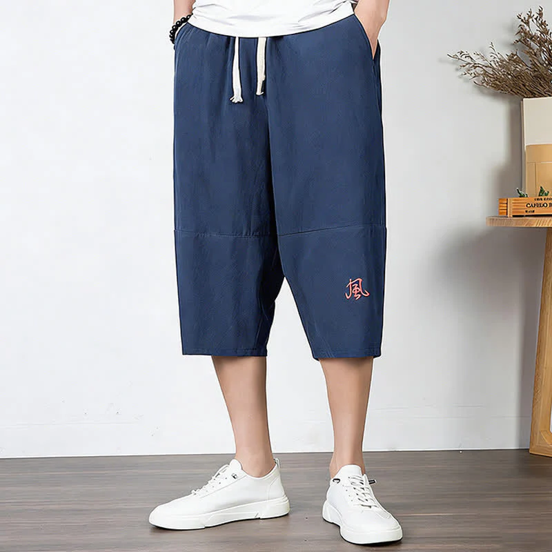Buddha Stones Pantaloni harem da uomo in cotone e lino, lunghezza capri, con coulisse e tasche. - Image 16
