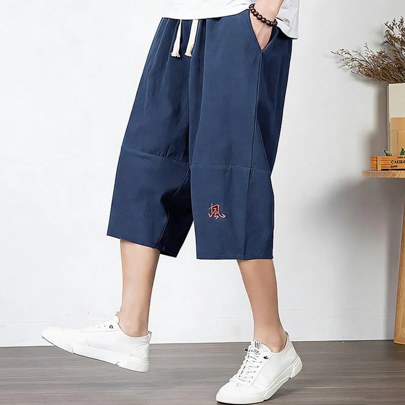 Buddha Stones Pantaloni harem da uomo in cotone e lino, lunghezza capri, con coulisse e tasche. - Image 18