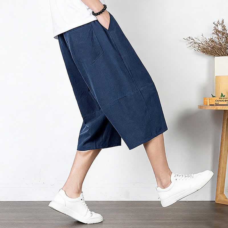 Buddha Stones Pantaloni harem da uomo in cotone e lino, lunghezza capri, con coulisse e tasche. - Image 19