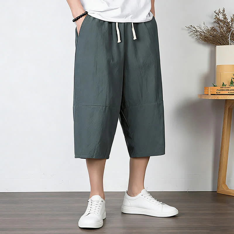 Buddha Stones Pantaloni harem da uomo in cotone e lino, lunghezza capri, con coulisse e tasche. - Image 2