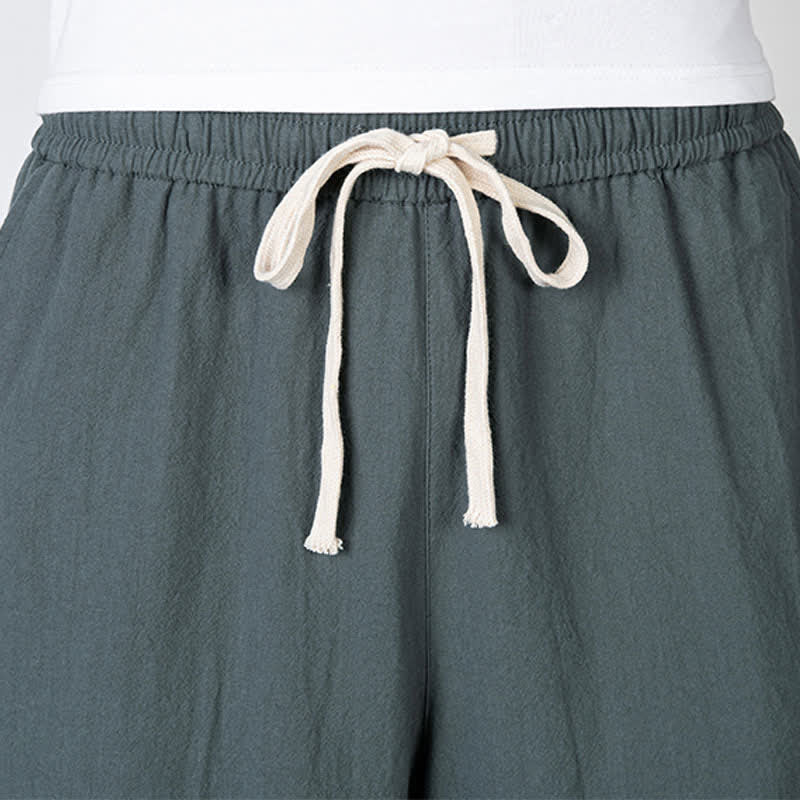 Buddha Stones Pantaloni harem da uomo in cotone e lino, lunghezza capri, con coulisse e tasche. - Image 3