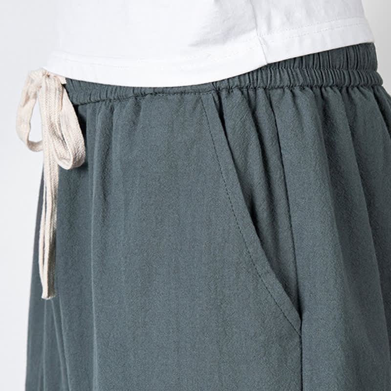 Buddha Stones Pantaloni harem da uomo in cotone e lino, lunghezza capri, con coulisse e tasche. - Image 4